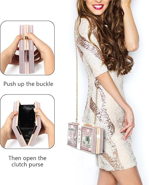Pink Rhinestone Dollar Clutch Handbag