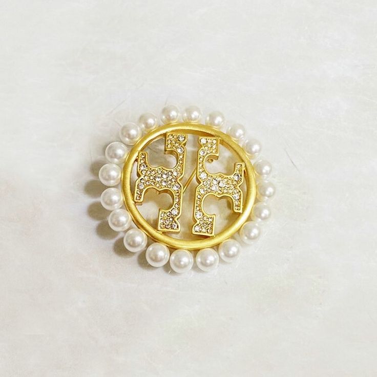 Designer-Inspired Gold & Pearl "CC" Bling Brooch