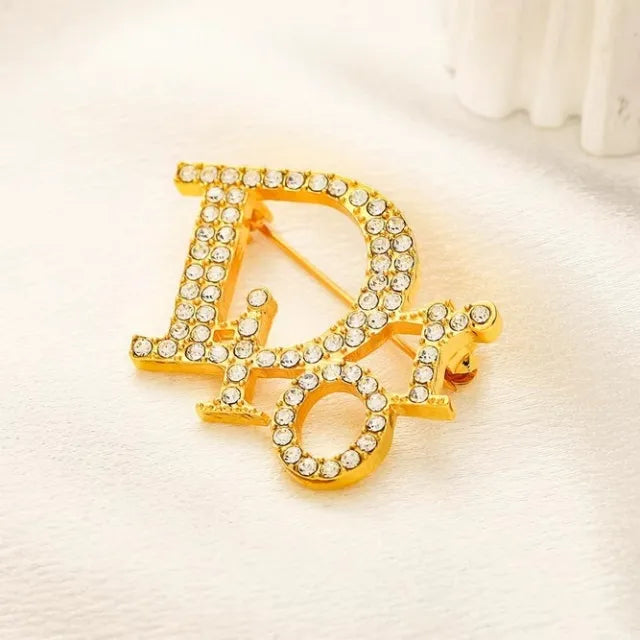 Designer-Inspired Gold & Pearl "CD" Bling Brooch