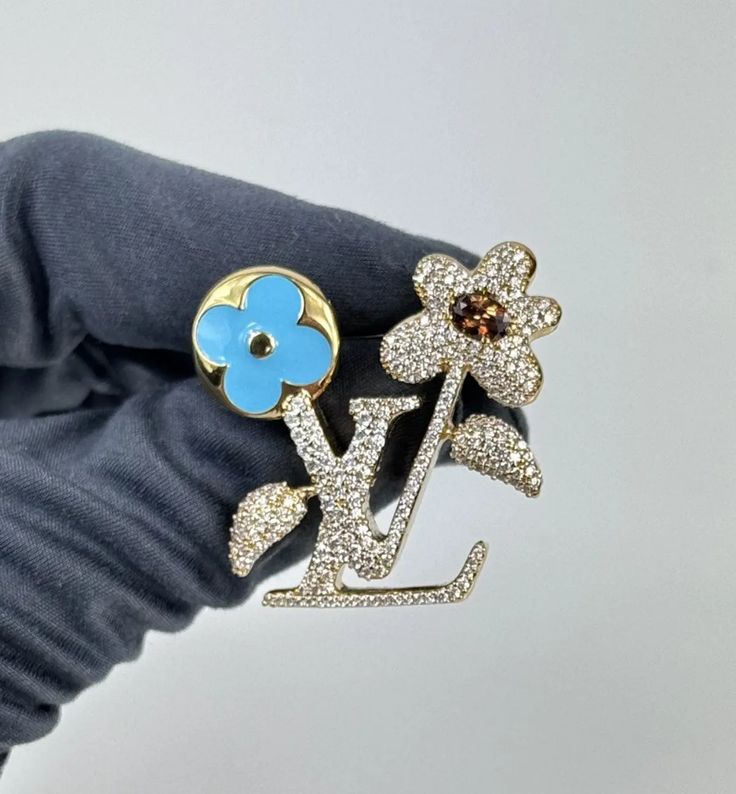 Designer-Inspired "Bling" Blue Flower Monogram Brooch