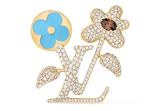 Designer-Inspired "Bling" Blue Flower Monogram Brooch