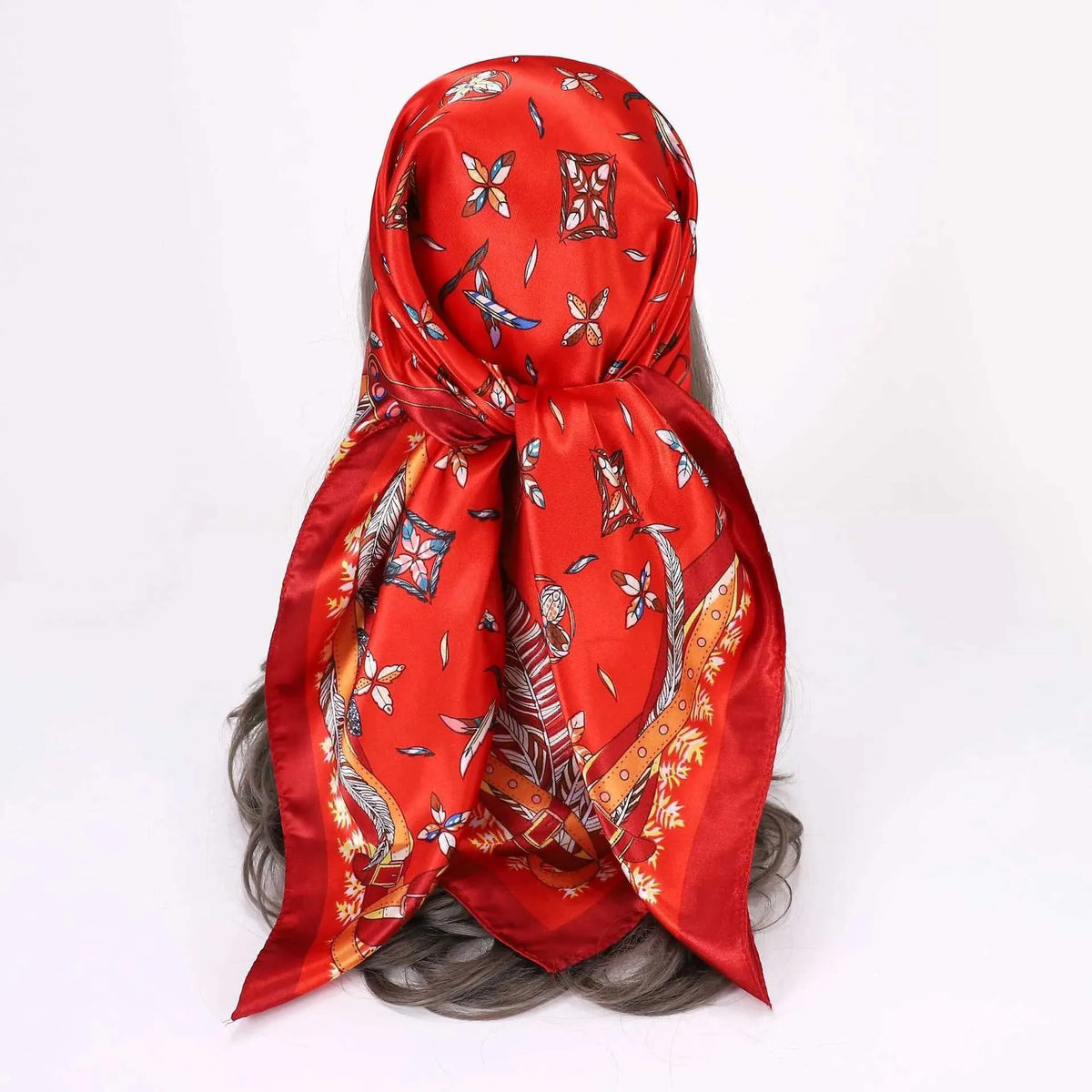 Crimson Plume Satin Square Headscarf