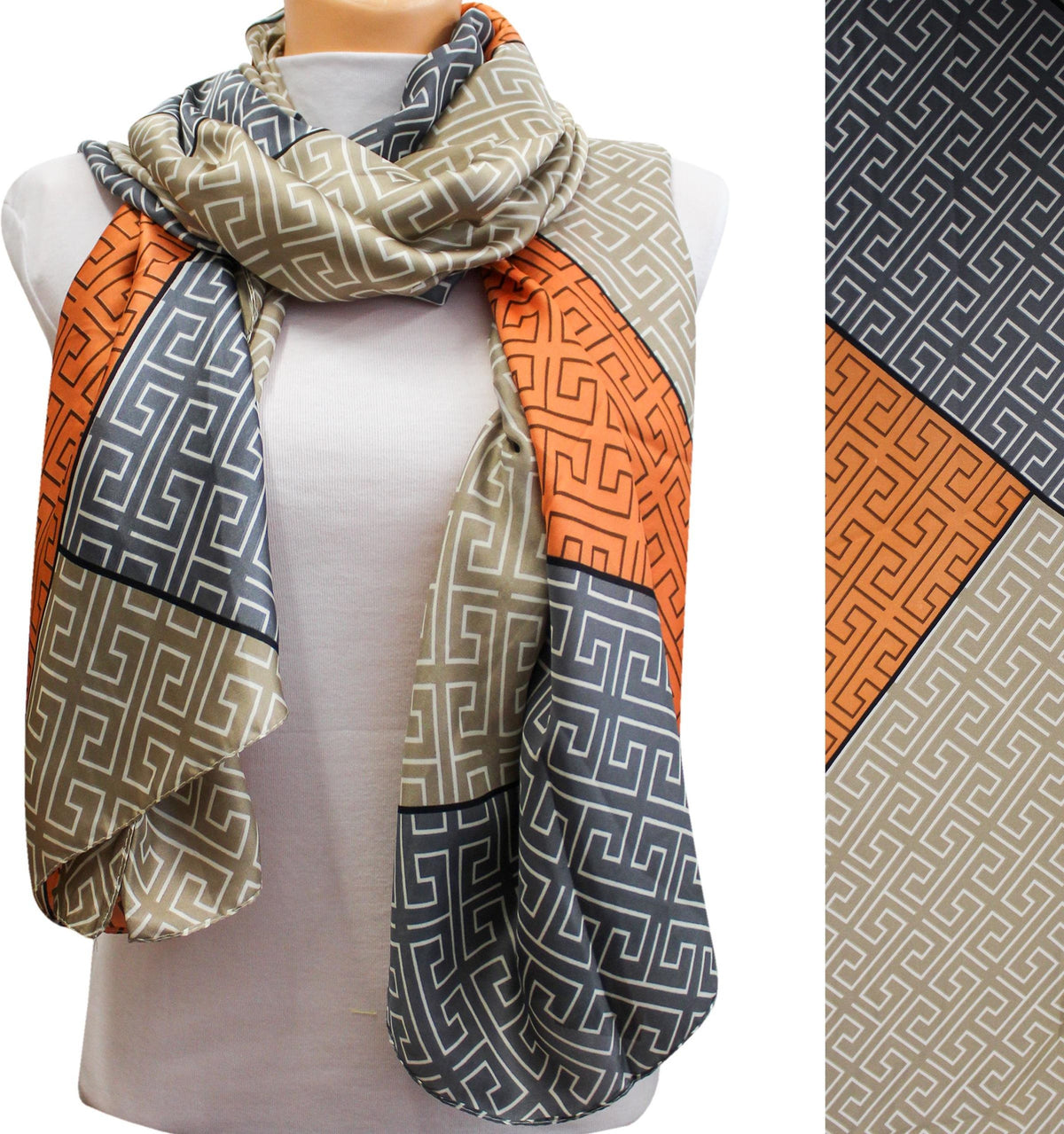 The Horizon Oversized Satin Scarf – Earth Tone Trio (Grey, Rust, & Beige)
