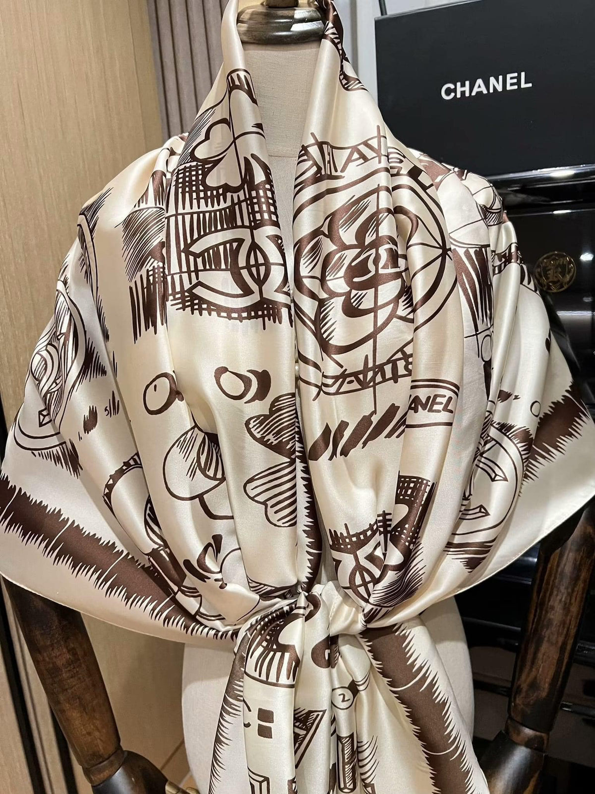Signature Monogram Silk Scarf — Classic Cream & Espresso Brown