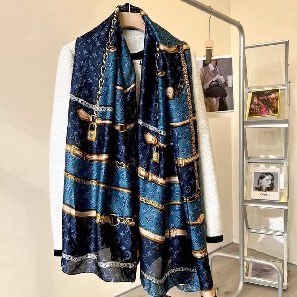 Monogram Extra-Long Silk Scarf in Deep Navy Blue