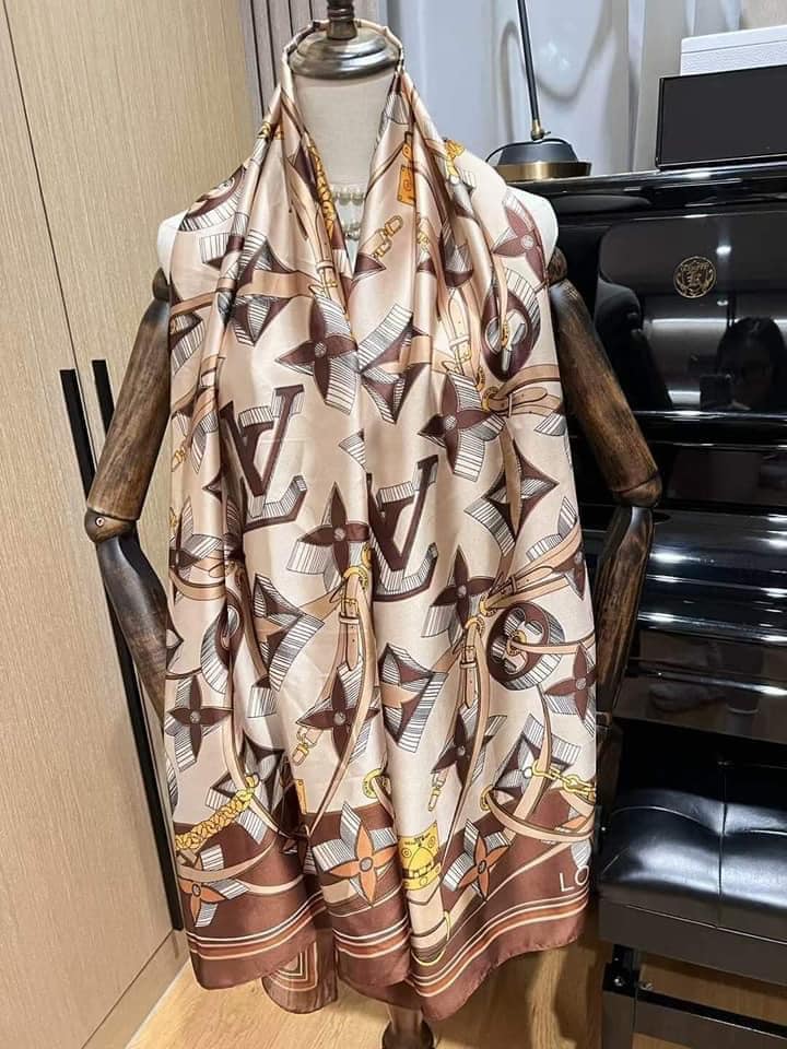 Monogram Heritage Silk Extra-Long Scarf in Beige & Brown