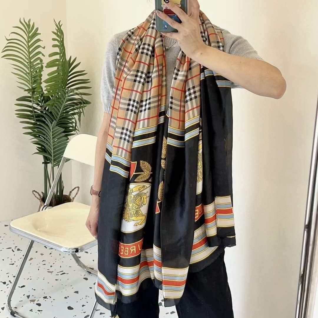 Luxe Extra-Long Silk Scarf | Navy, Orange & Black Designer-Inspired Plaid