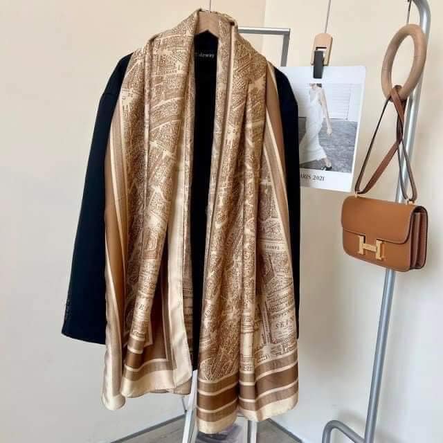 Extra-Long Silk Scarf in Brown & Ivory