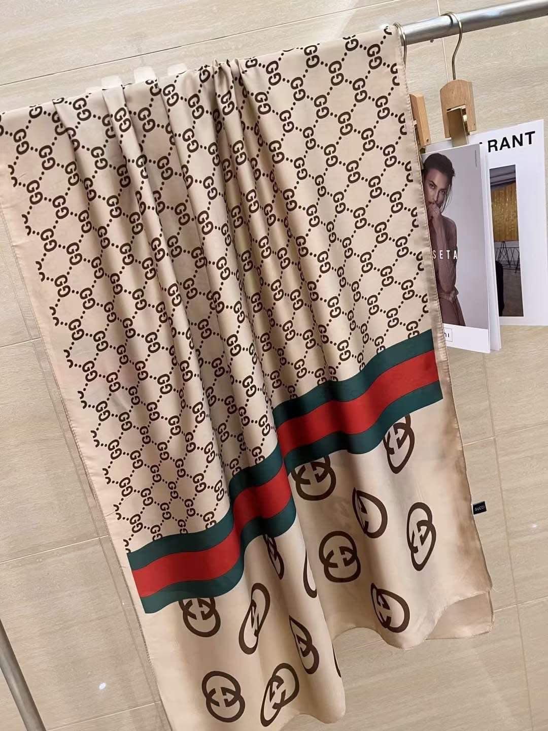 Beige Skinny Scarf with Cherry & Stripe Motif