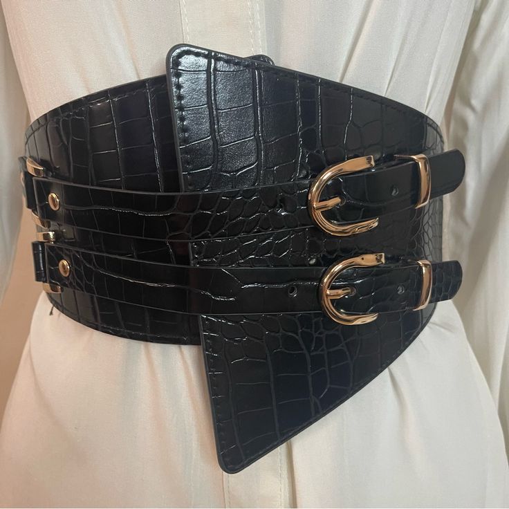Black and Gold Double Buckle Stretch Belt