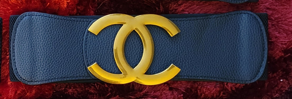 CC Inspired Black Wide Elastic Stretch Belt with Gold Hardware