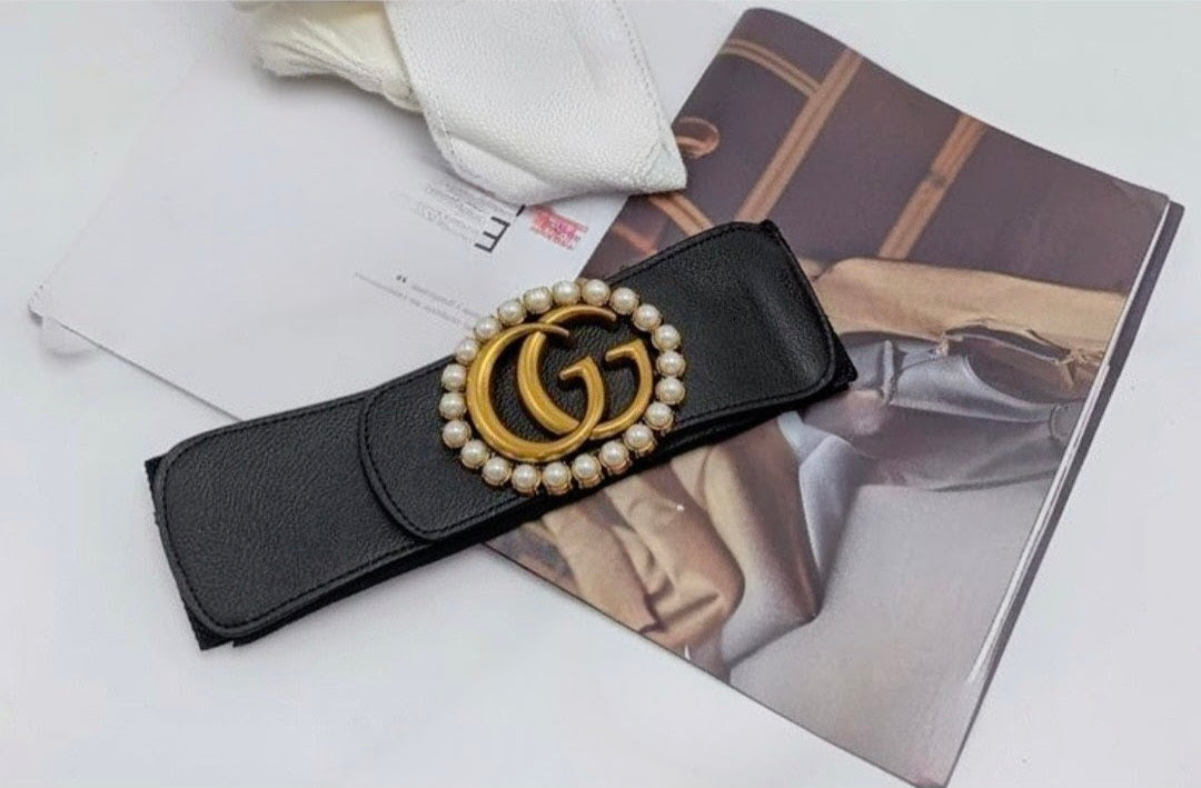 Black Leather Belt with Pearl Double G Buckle