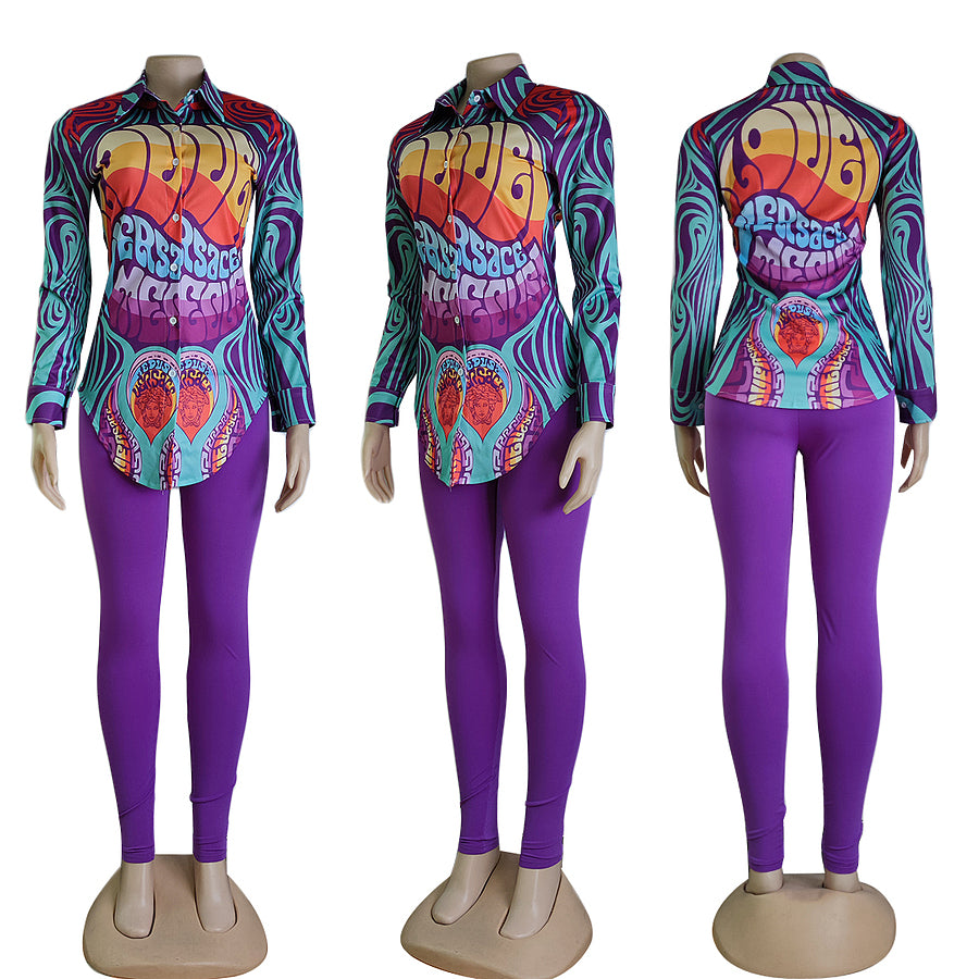 Purple Multicolor Two-Piece Polyester Set