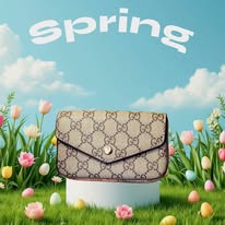 Designer handbag on a grassy area with spring elements and 'spring' text in the sky.