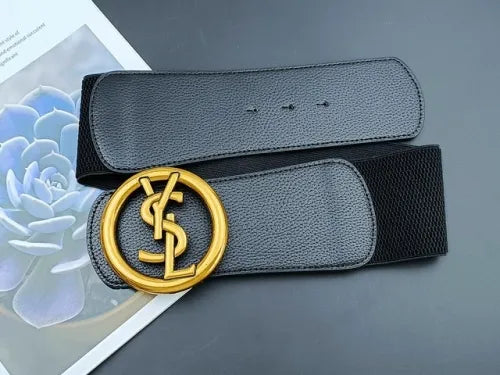 Black YSL Inspired Wide Elastic Stretch Belt with Gold Hardware