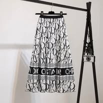 Black and White Patterned Pleated Midi Skirt