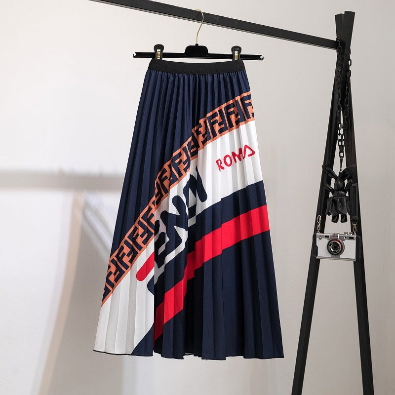 Navy White and Red Pleated Midi Skirt