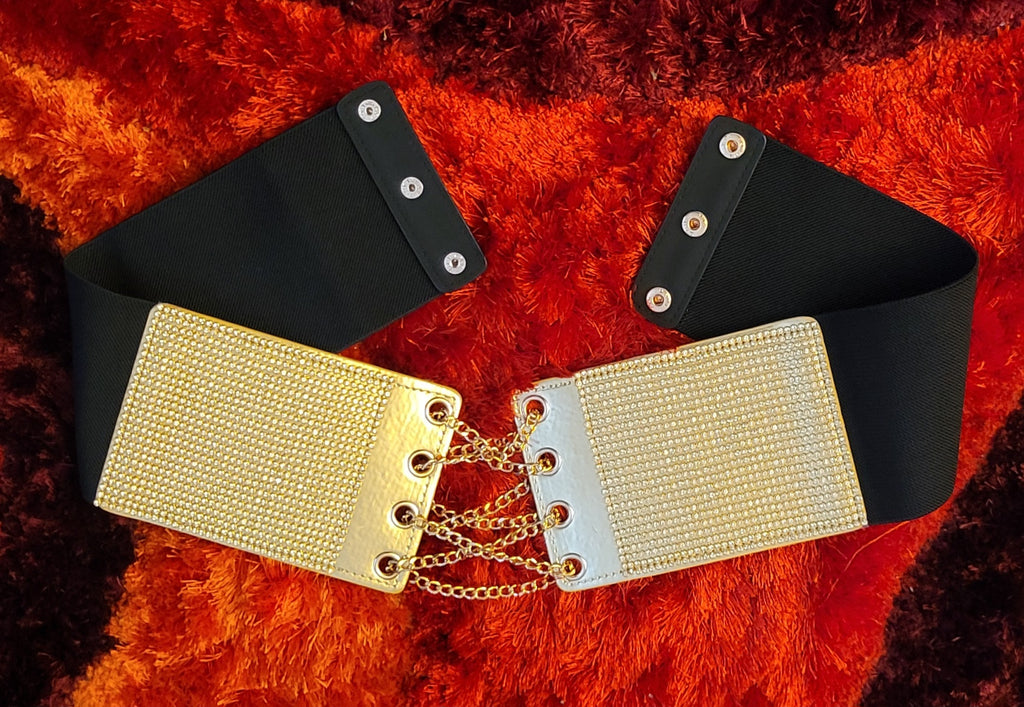 Black and Gold Bling Wide Stretch Belt